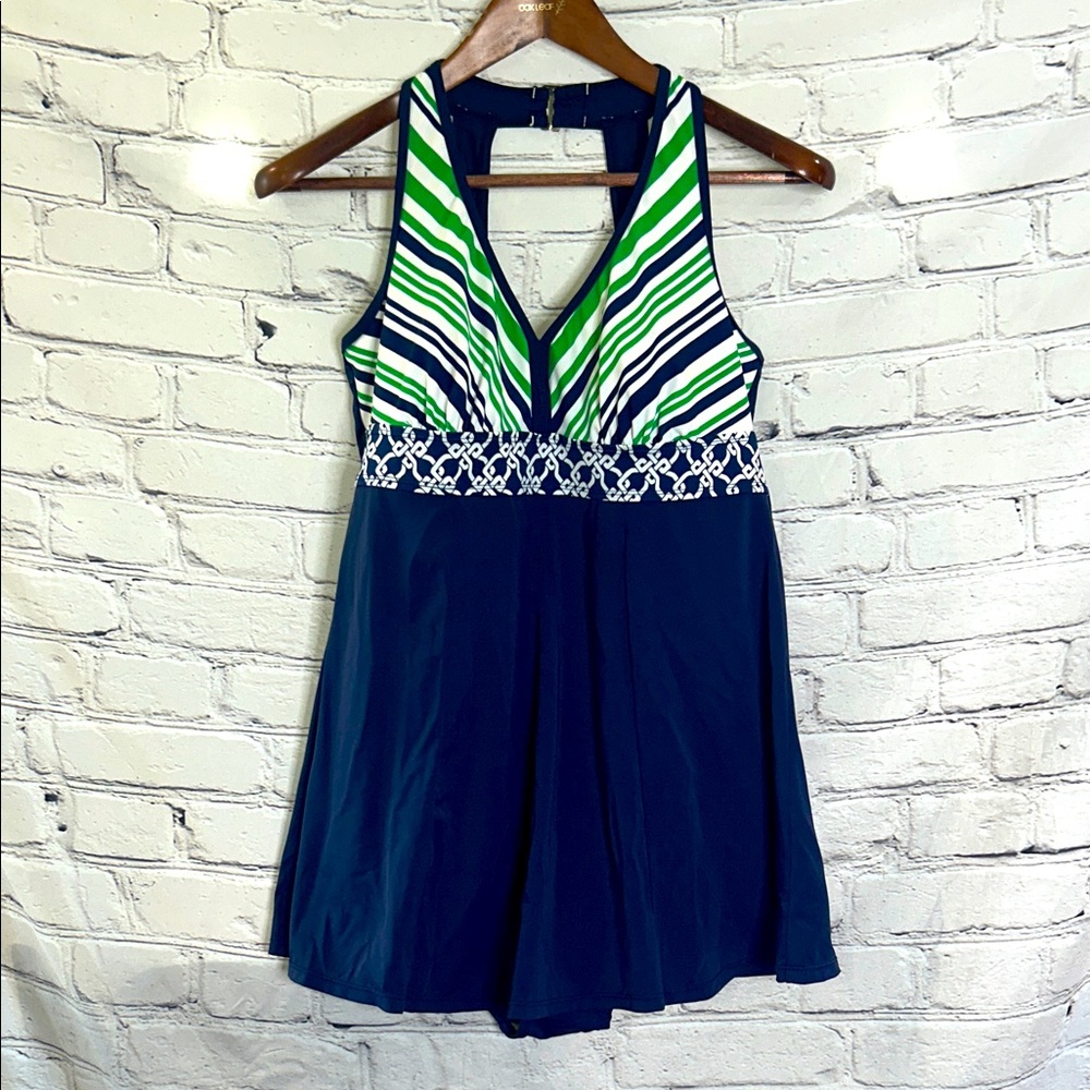 Swim 365 Blue Green & White Halter-Style Swimsuit Dress Size 14W